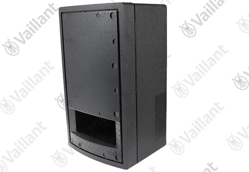Schwarzer Mantel von Vaillant mit Ausschnitt und senkrechter Front, geeignet für bestimmte Heizungsanlagen.